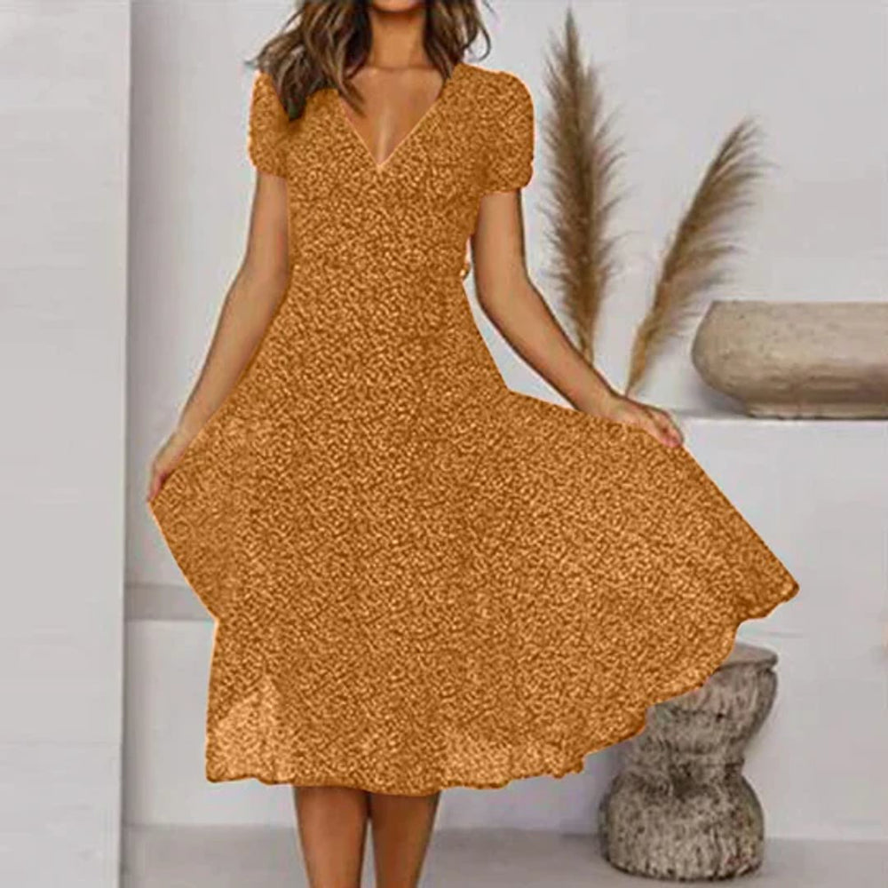 Women's Floral V-Neck Short Sleeve Fall Midi Dress