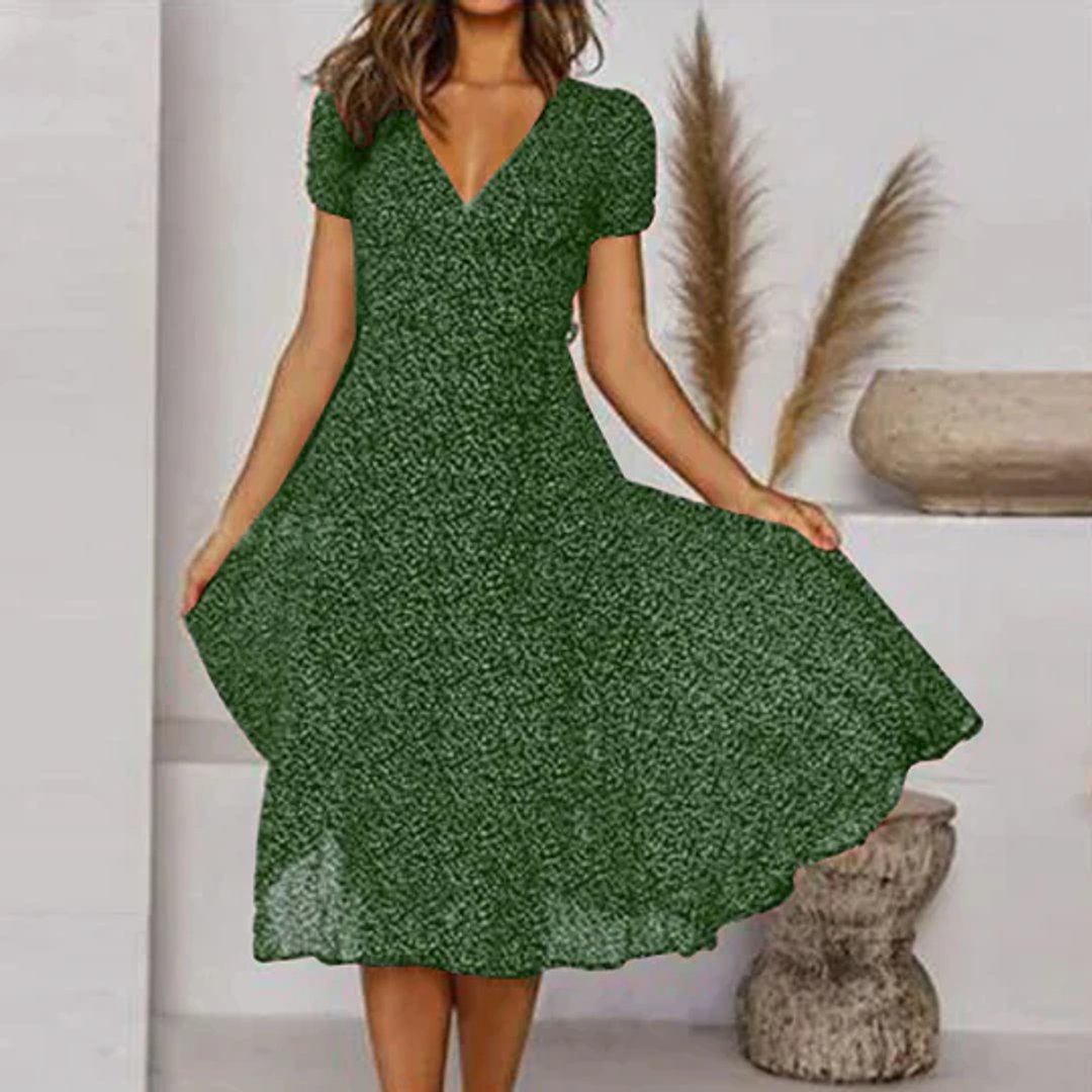 Women's Floral V-Neck Short Sleeve Fall Midi Dress