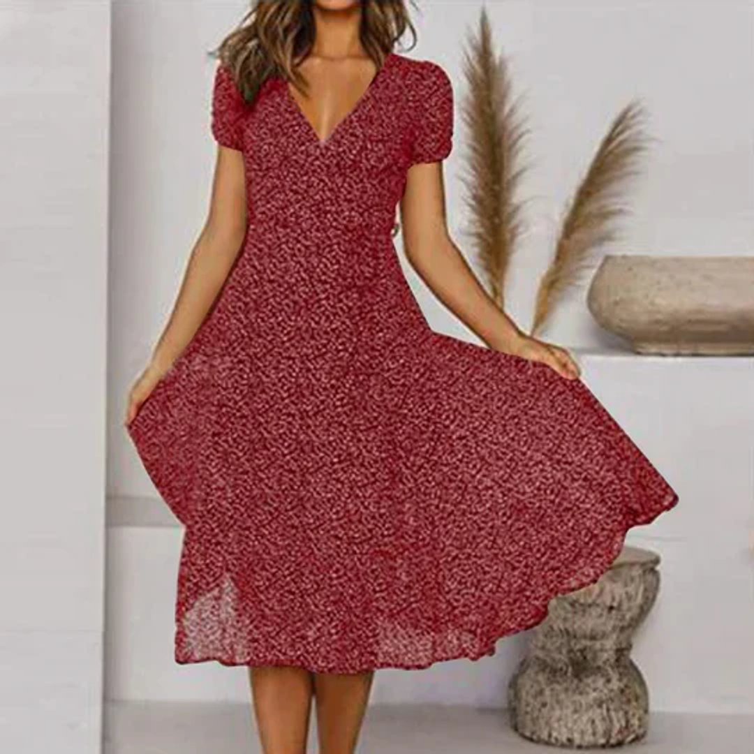 Women's Floral V-Neck Short Sleeve Fall Midi Dress