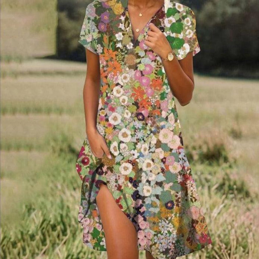 Women's Floral V-Neck Short Sleeve Fall Midi Dress