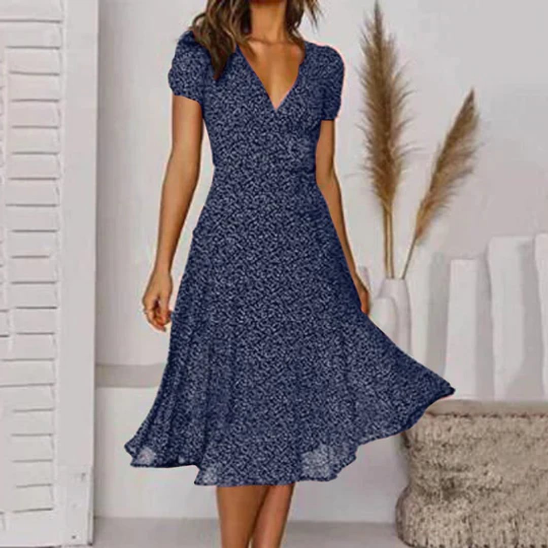 Women's Floral V-Neck Short Sleeve Fall Midi Dress