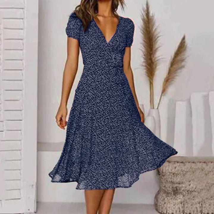 Women's Floral V-Neck Short Sleeve Fall Midi Dress