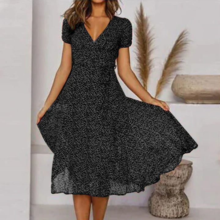 Women's Floral V-Neck Short Sleeve Fall Midi Dress