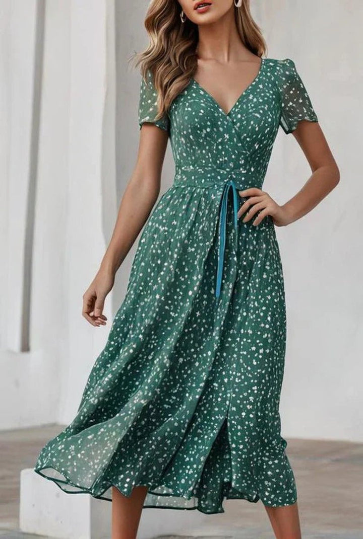Women's Floral V-Neck Short Sleeve Fall Midi Dress Belted
