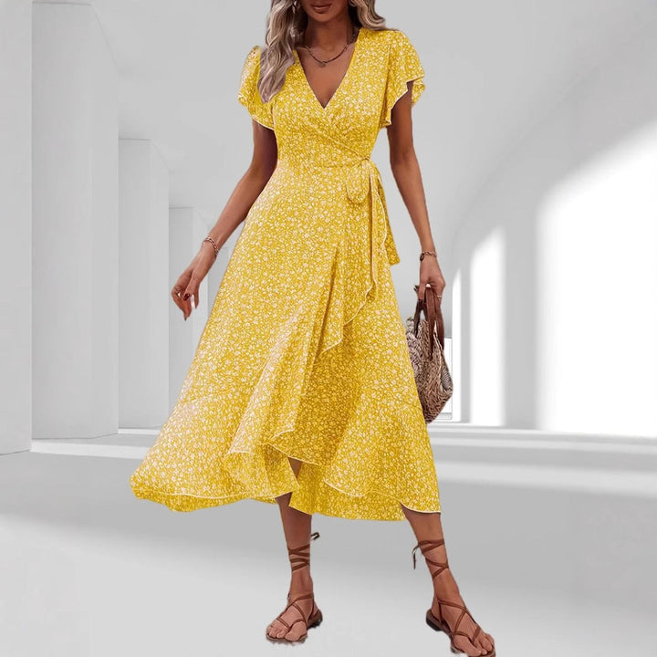 Women's Floral V-Neck Short Sleeve Fall Midi Dress Belted
