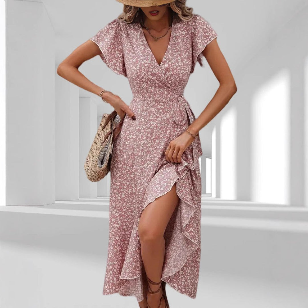 Women's Floral V-Neck Short Sleeve Fall Midi Dress Belted