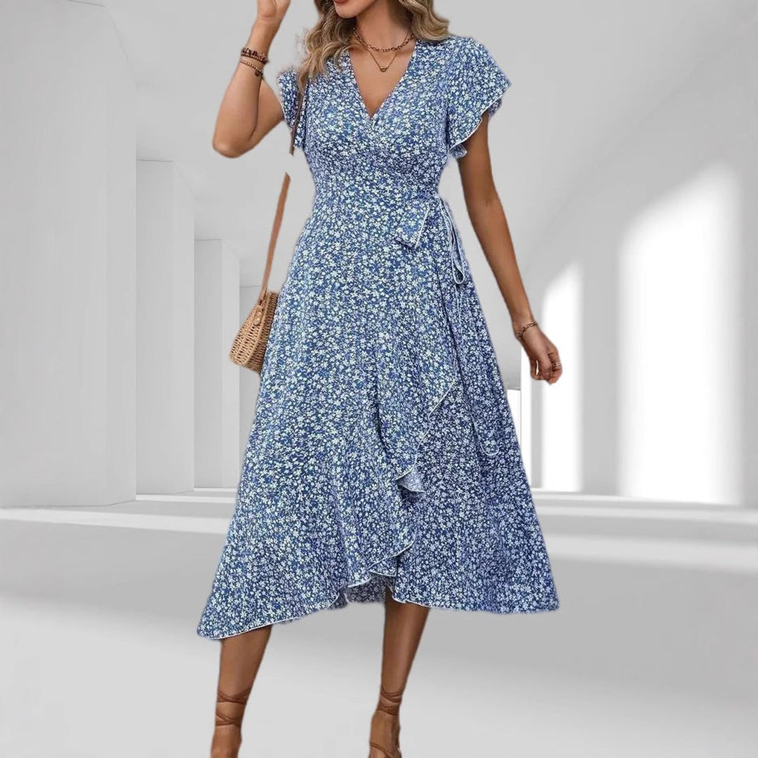 Women's Floral V-Neck Short Sleeve Fall Midi Dress Belted