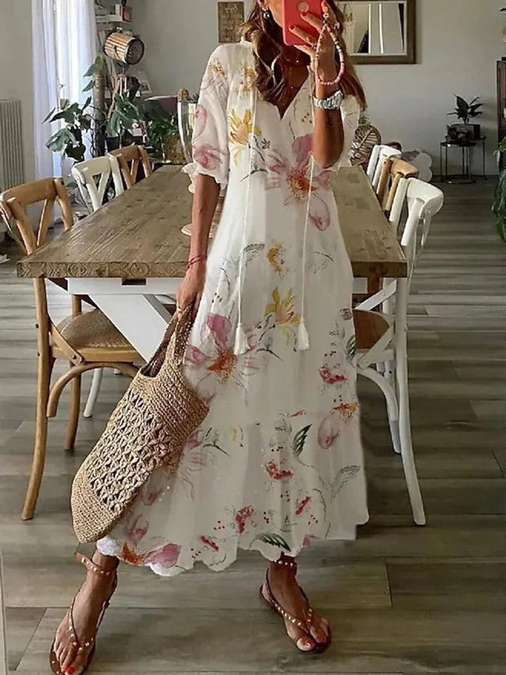 Women's Floral V-Neck Tiered Fall Midi Dress