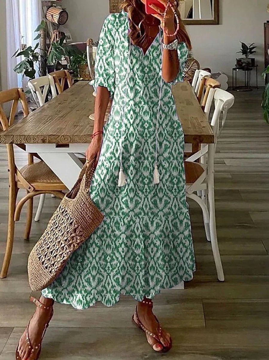Women's Floral V-Neck Tiered Fall Midi Dress
