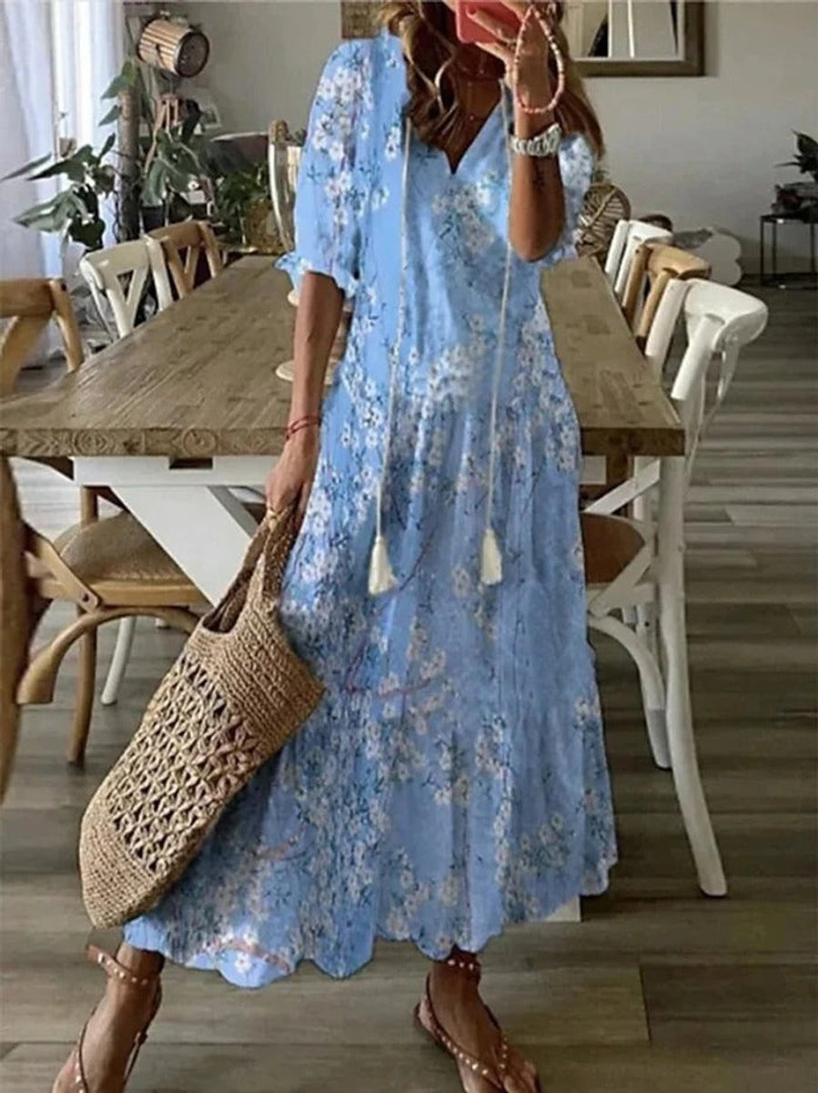 Women's Floral V-Neck Tiered Fall Midi Dress