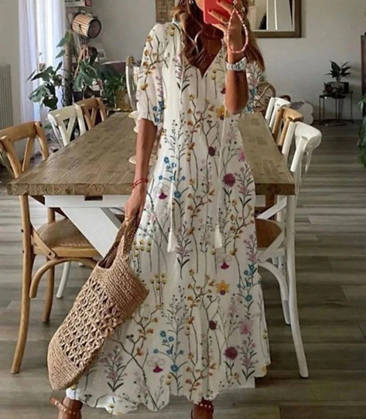 Women's Floral V-Neck Tiered Fall Midi Dress