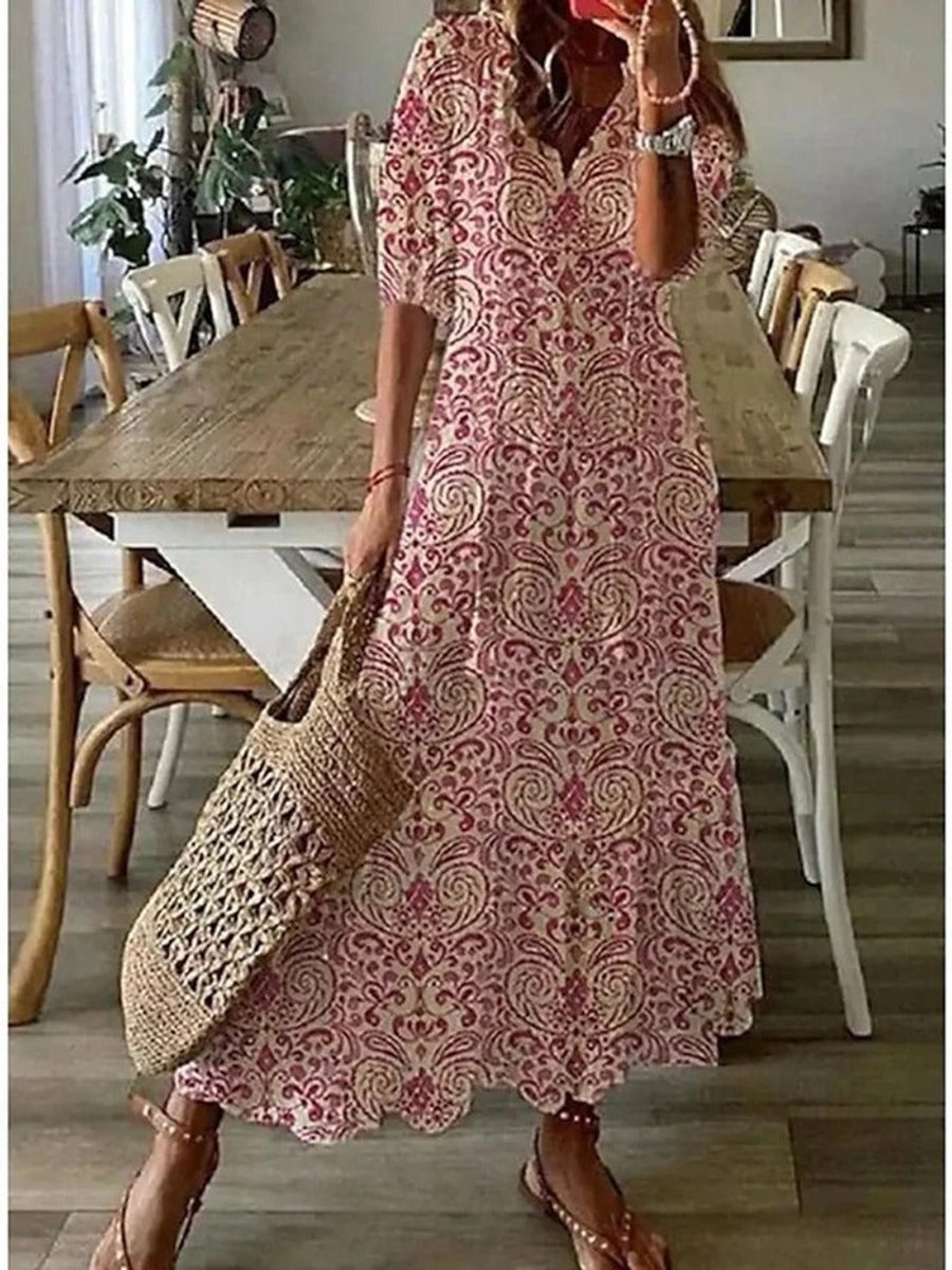 Women's Floral V-Neck Tiered Fall Midi Dress