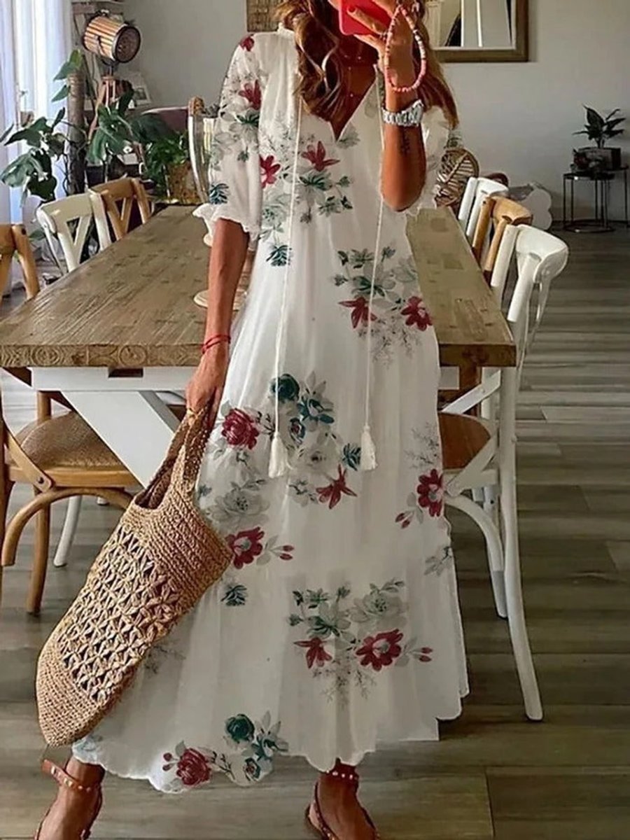 Women's Floral V-Neck Tiered Fall Midi Dress
