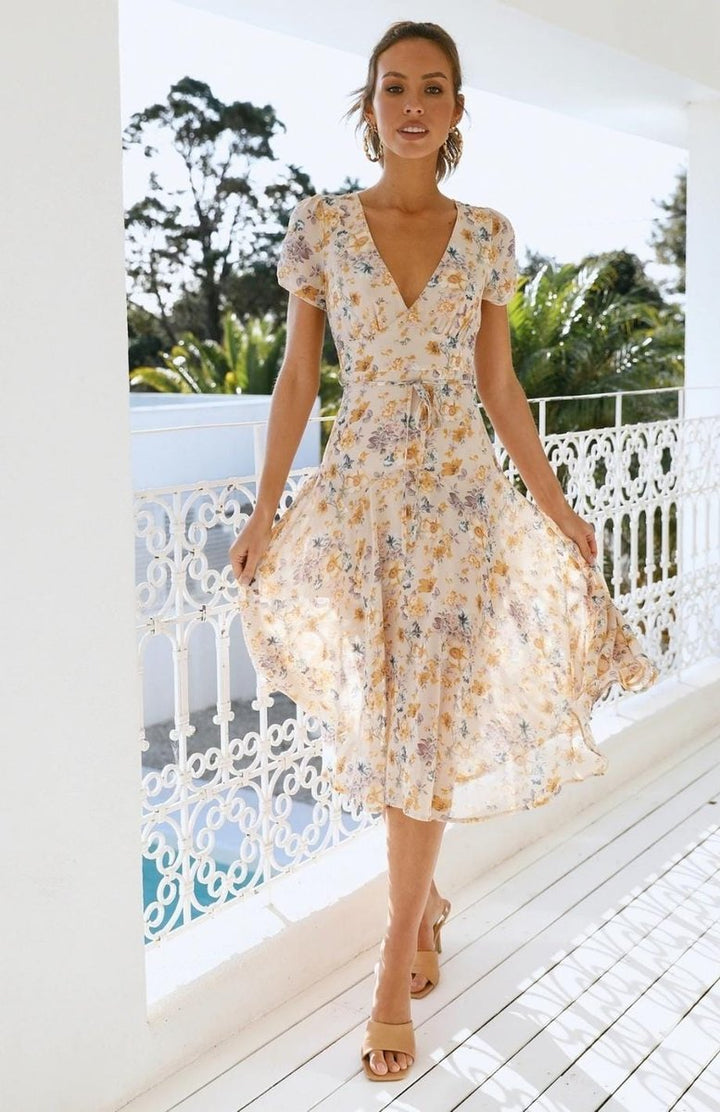 Women's Floral Wrap Fall Midi Dress V-Neck Chiffon Skater