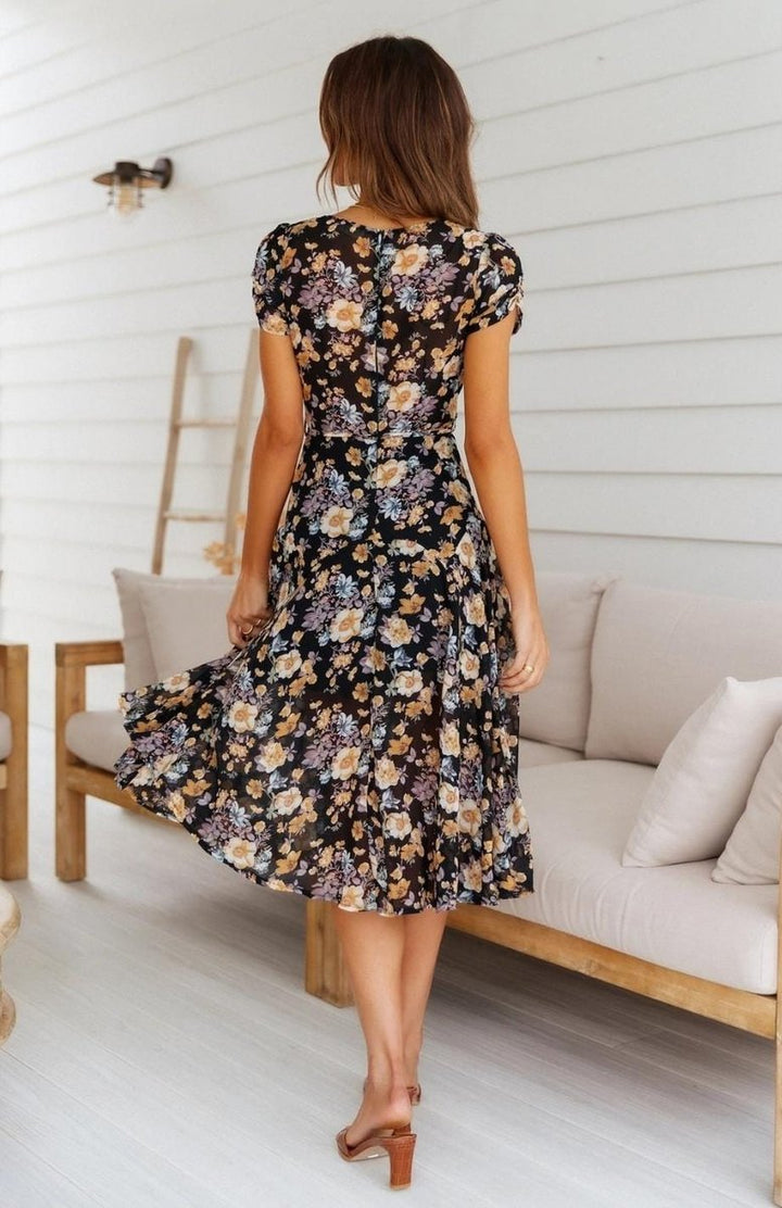 Women's Floral Wrap Fall Midi Dress V-Neck Chiffon Skater