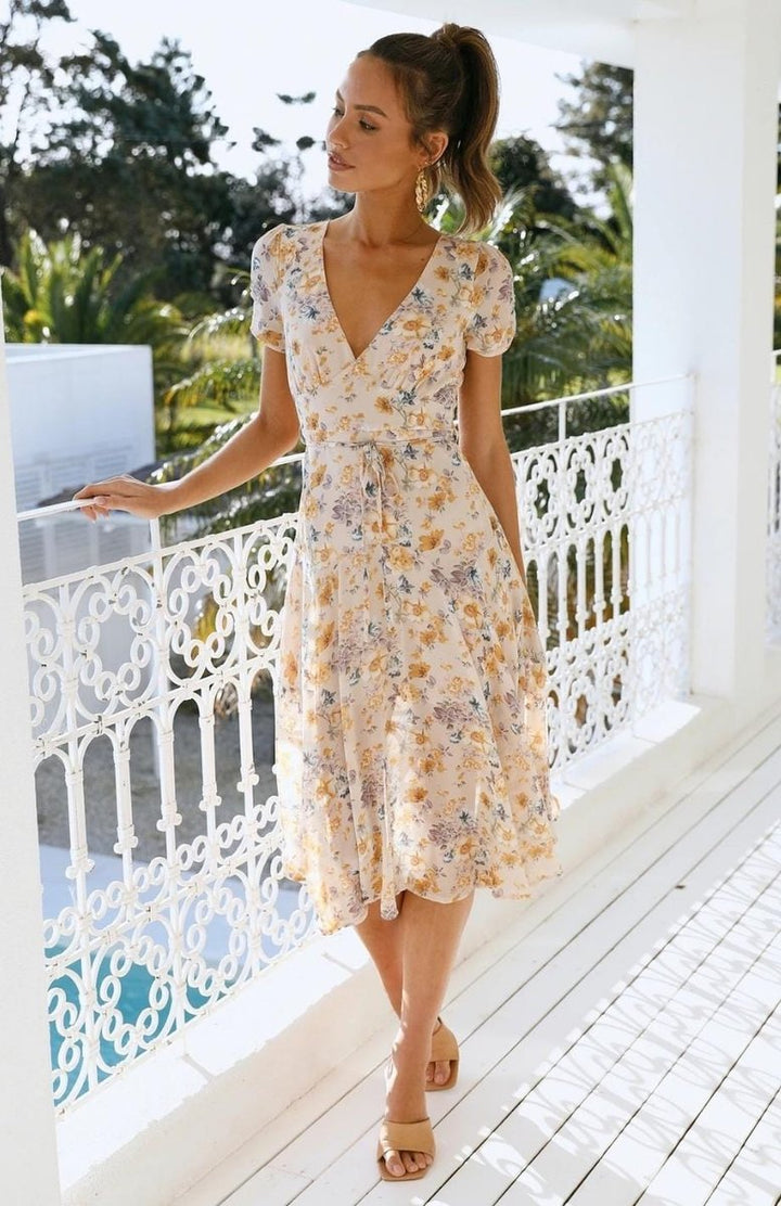Women's Floral Wrap Fall Midi Dress V-Neck Chiffon Skater