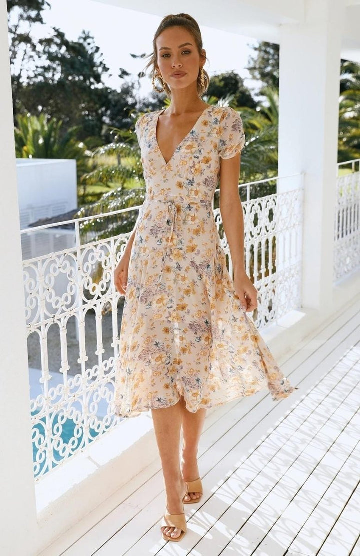 Women's Floral Wrap Fall Midi Dress V-Neck Chiffon Skater