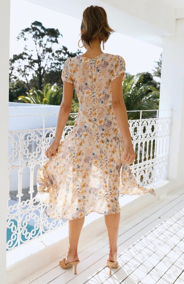 Women's Floral Wrap Fall Midi Dress V-Neck Chiffon Skater