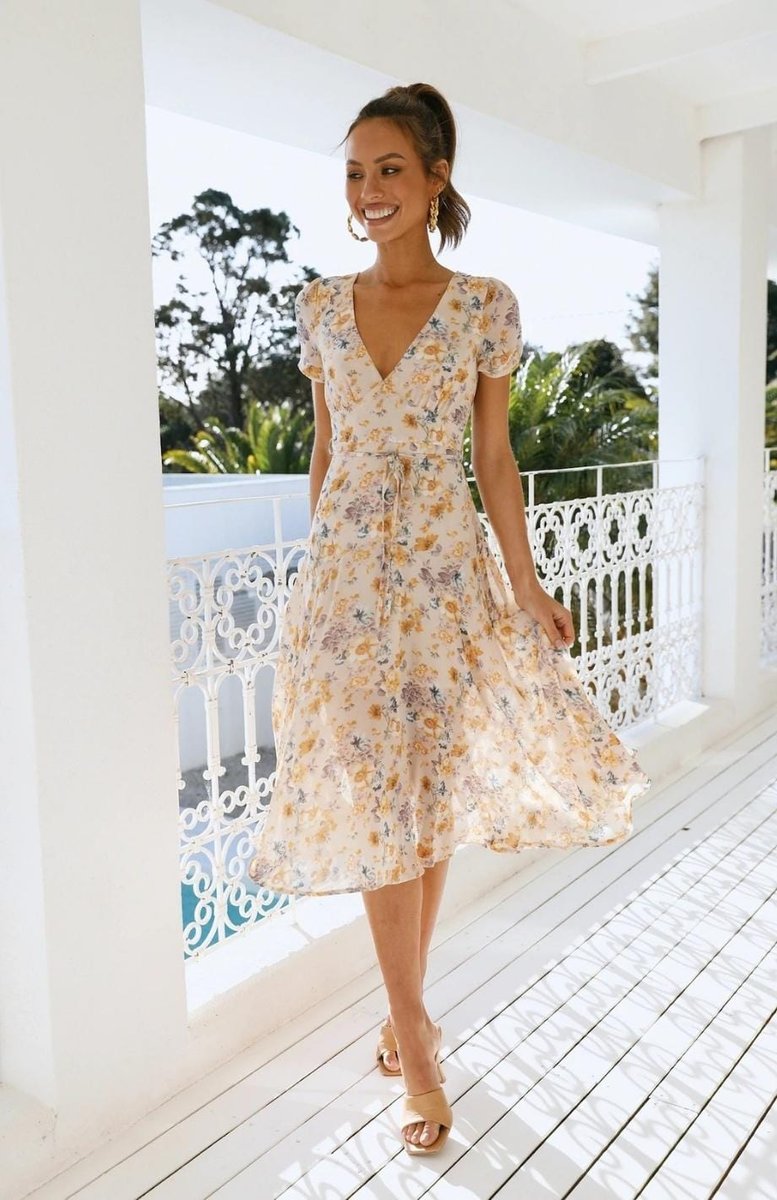 Women's Floral Wrap Fall Midi Dress V-Neck Chiffon Skater