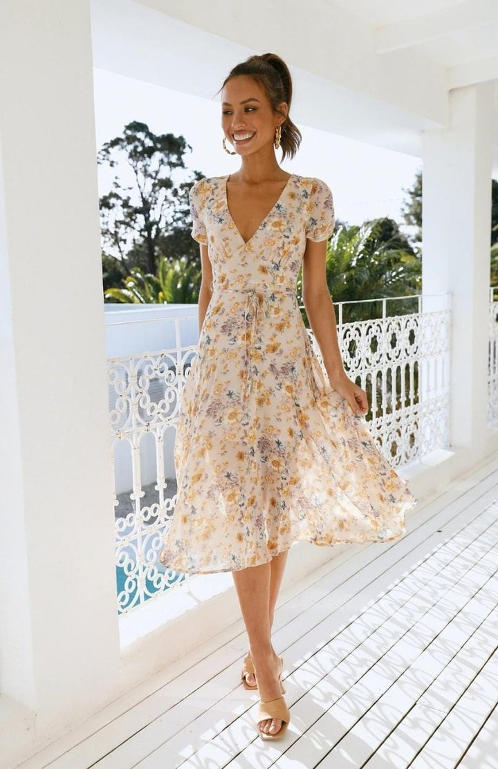 Women's Floral Wrap Fall Midi Dress V-Neck Chiffon Skater