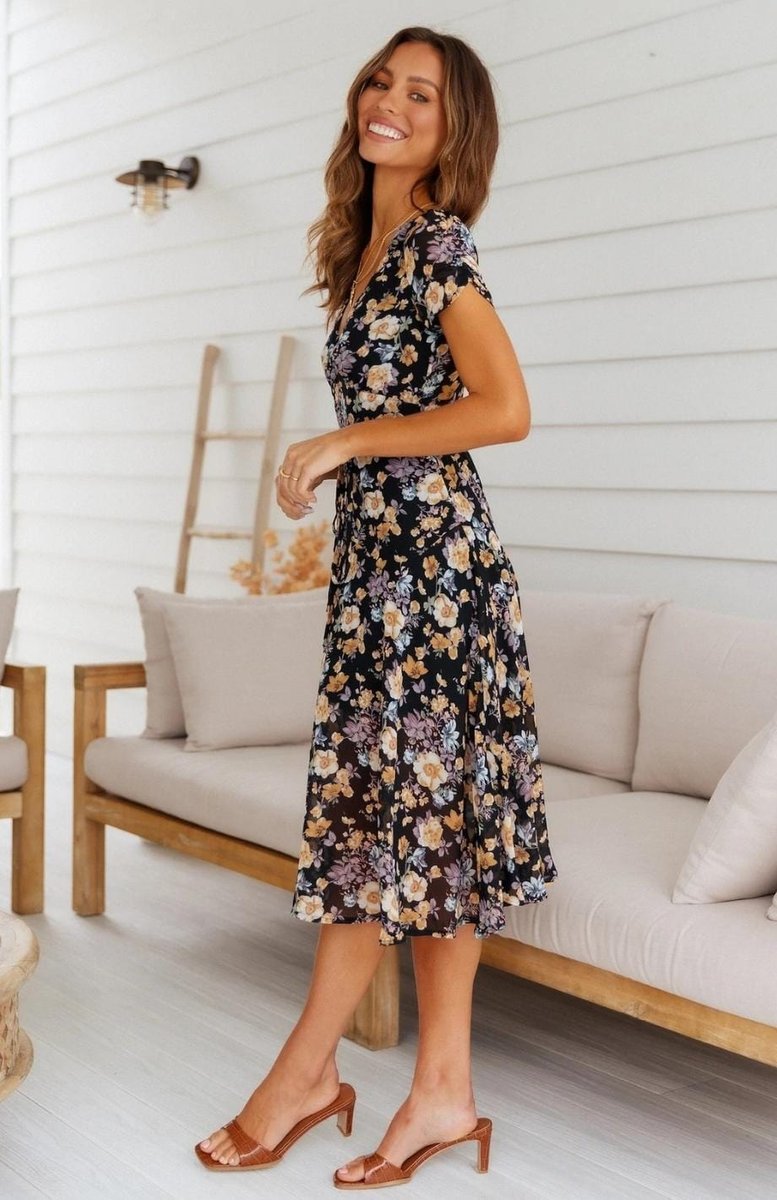 Women's Floral Wrap Fall Midi Dress V-Neck Chiffon Skater