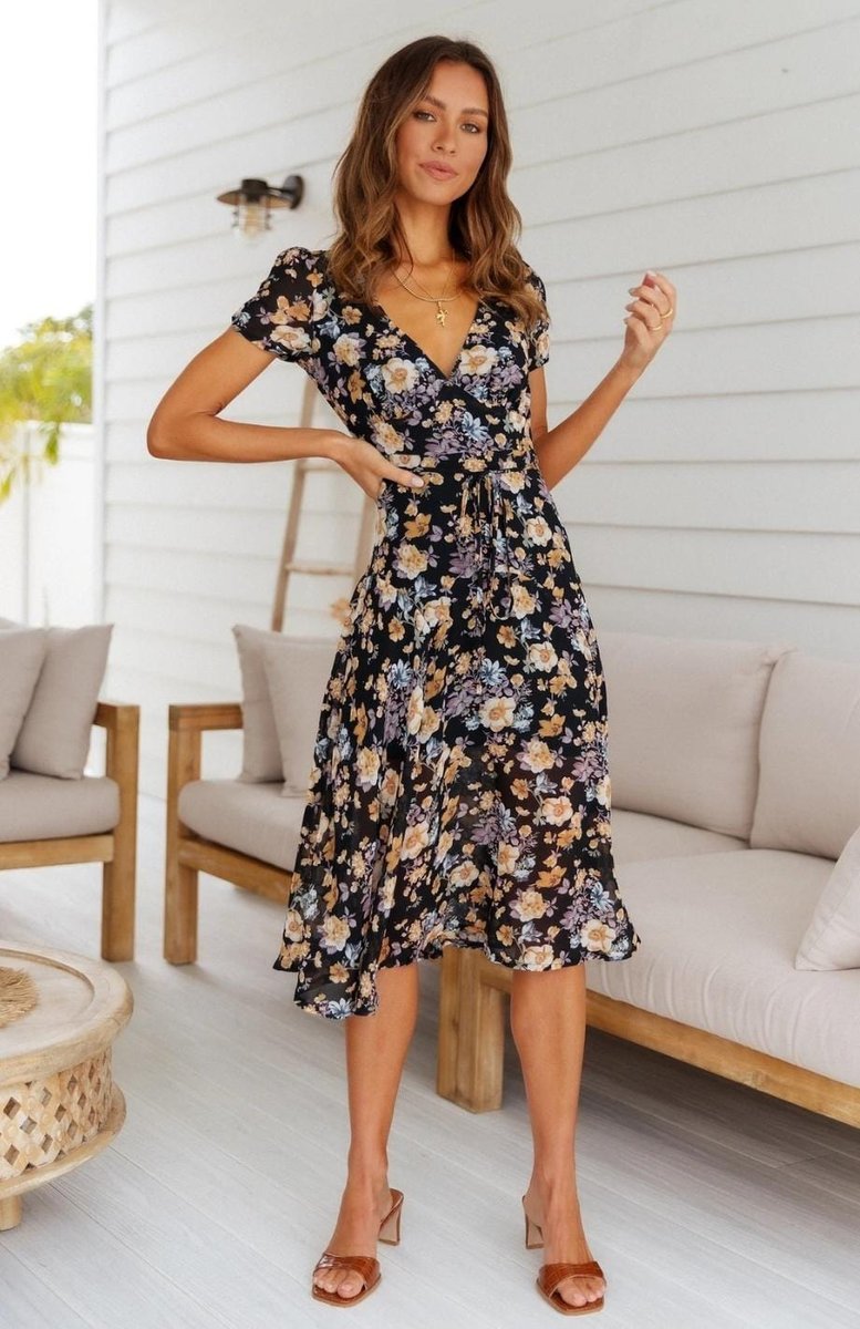 Women's Floral Wrap Fall Midi Dress V-Neck Chiffon Skater