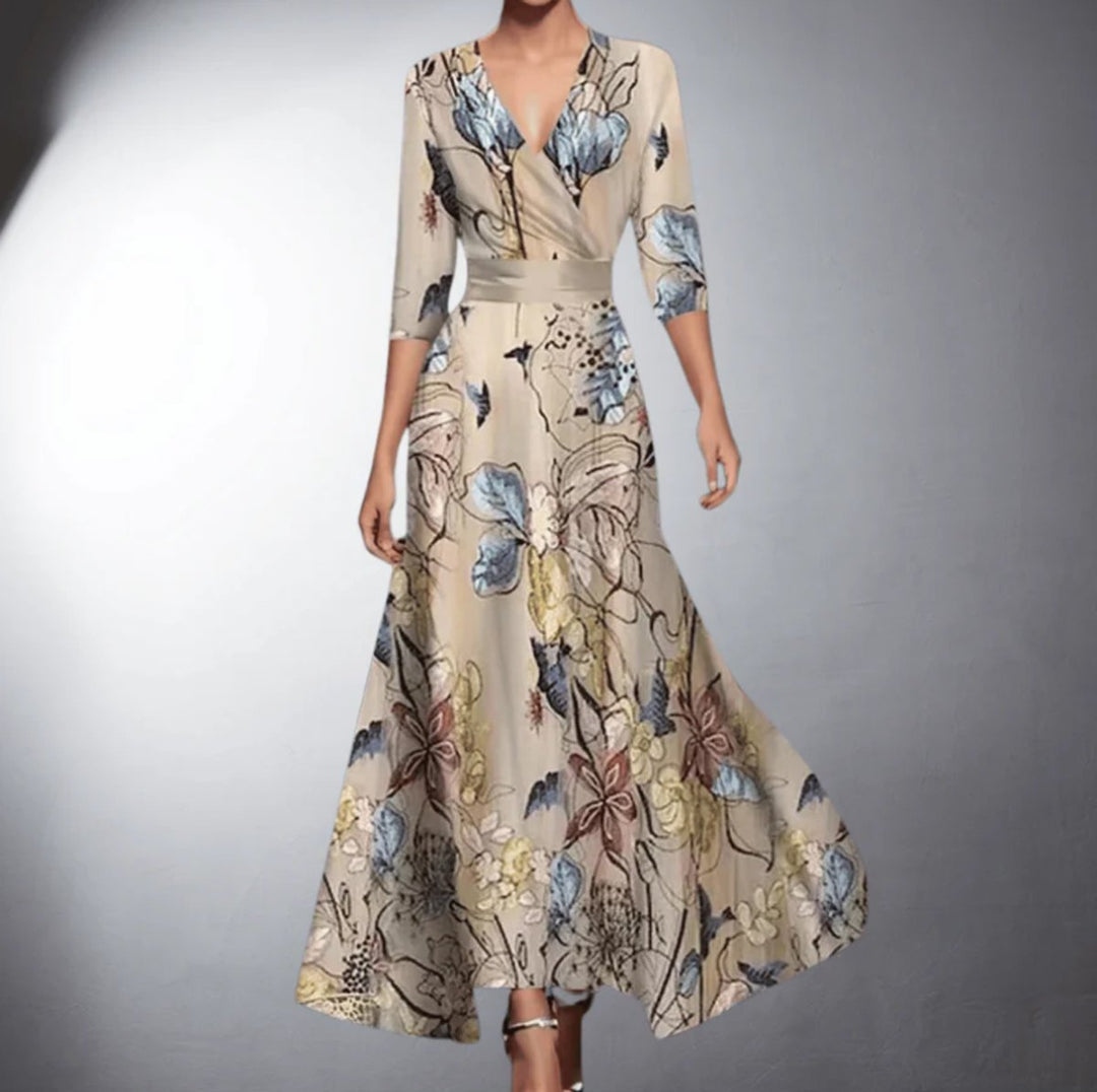 Women's Floral Wrap Long Sleeve Fall Dress V-Neck A-Line Maxi - Floral
