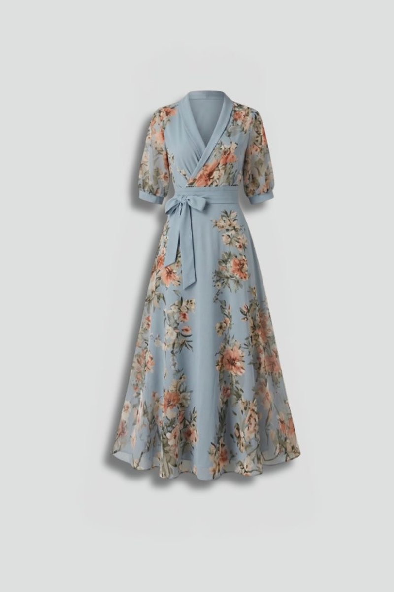 Women's Floral Wrap Midi Formal Dress V-Neck Chiffon