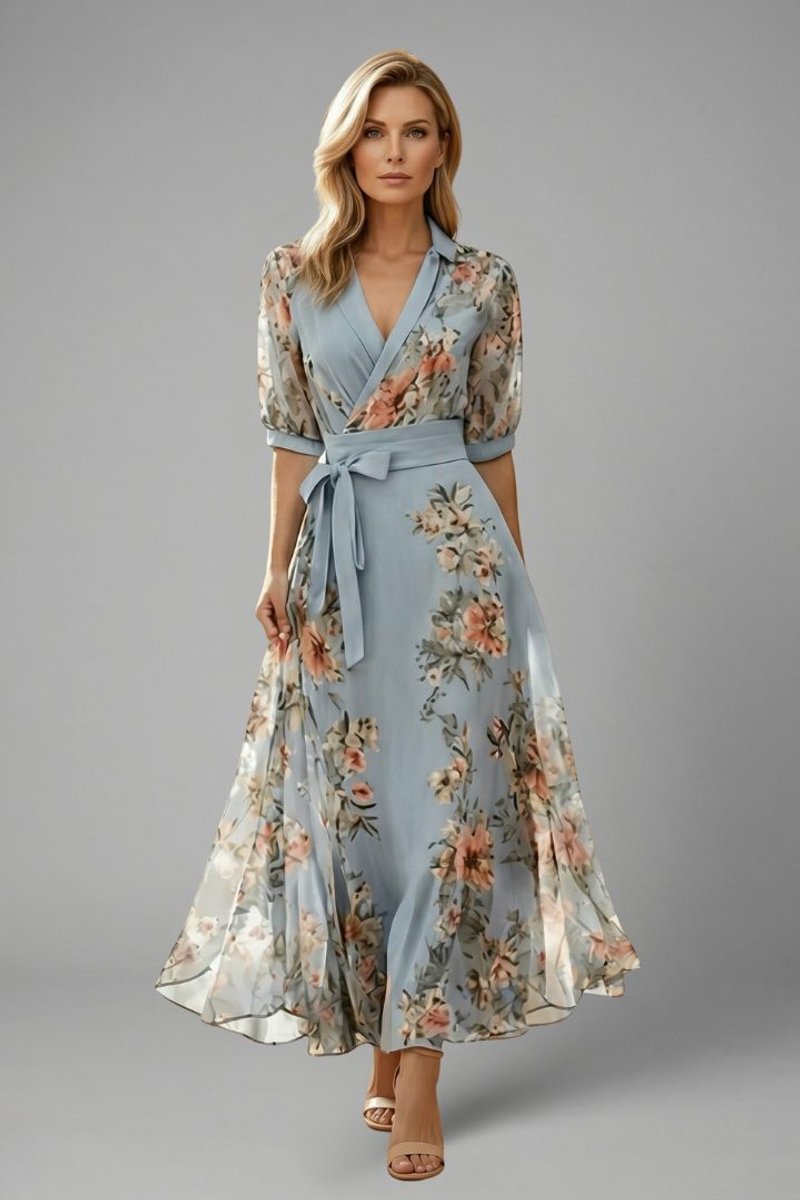 Women's Floral Wrap Midi Formal Dress V-Neck Chiffon