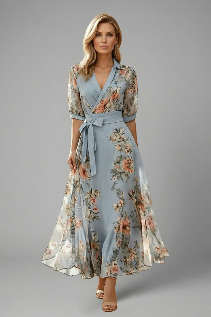 Women's Floral Wrap Midi Formal Dress V-Neck Chiffon