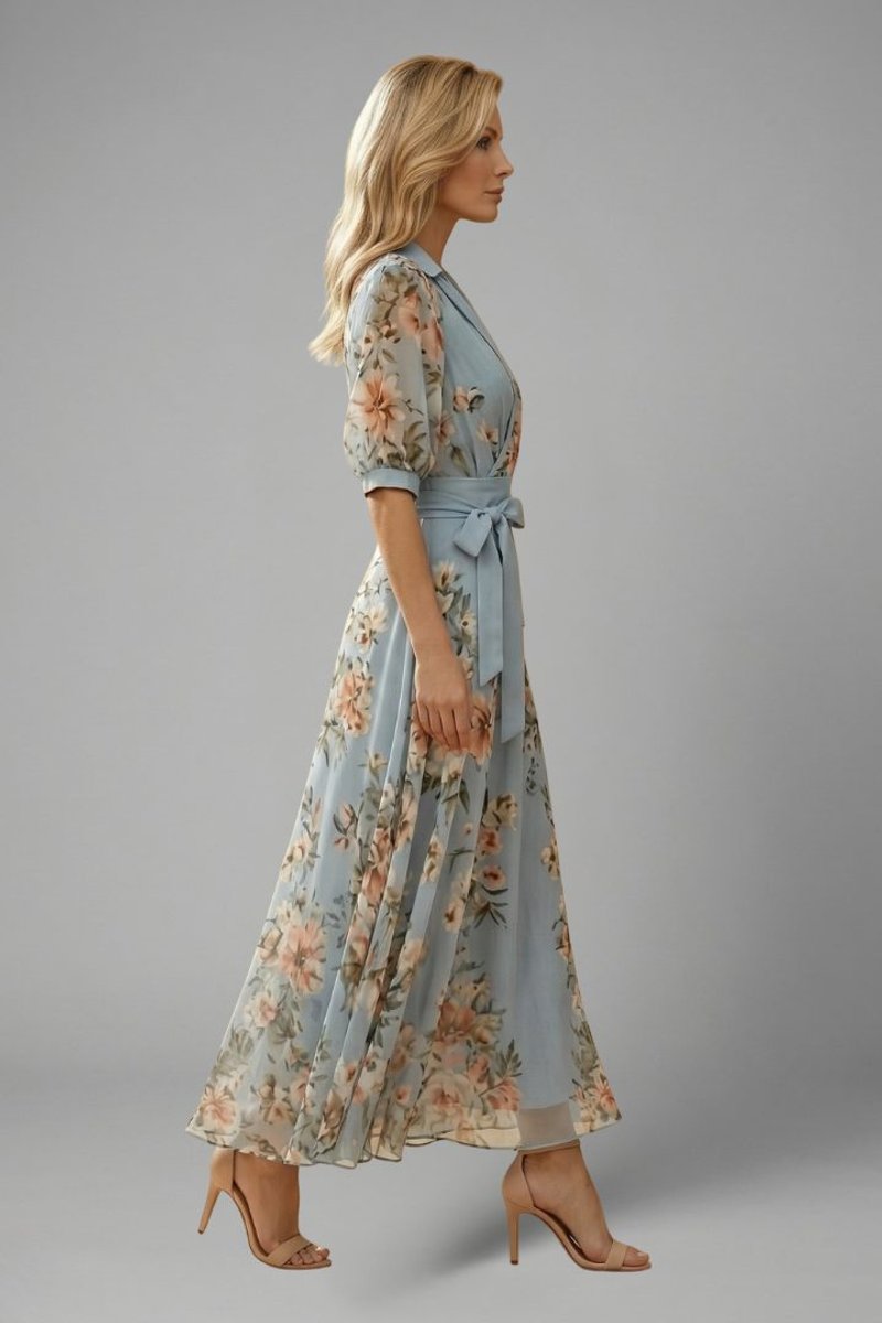 Women's Floral Wrap Midi Formal Dress V-Neck Chiffon