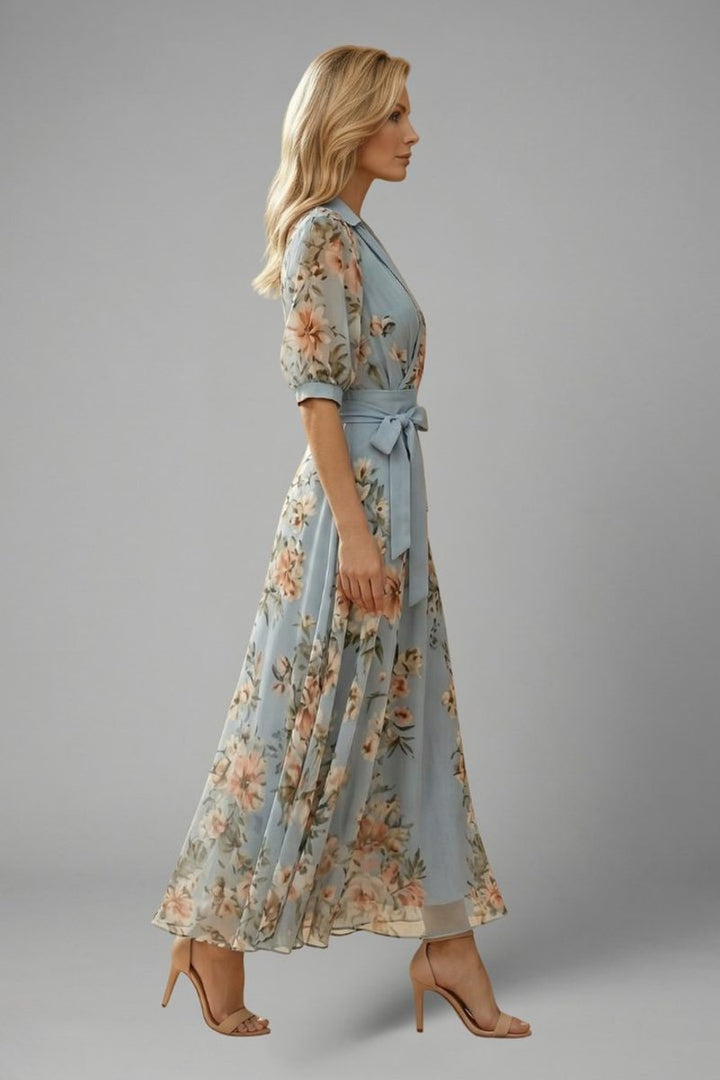 Women's Floral Wrap Midi Formal Dress V-Neck Chiffon