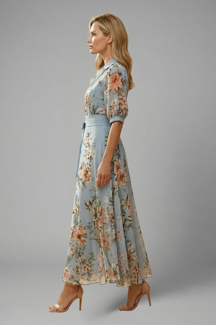 Women's Floral Wrap Midi Formal Dress V-Neck Chiffon