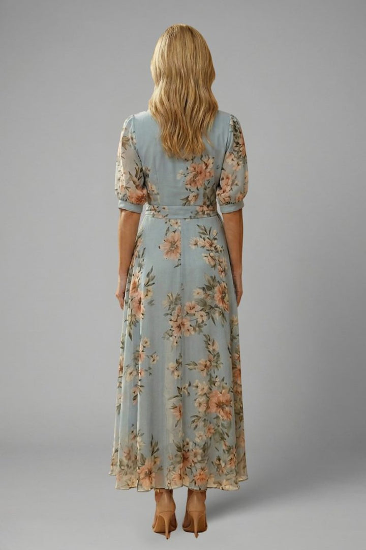 Women's Floral Wrap Midi Formal Dress V-Neck Chiffon