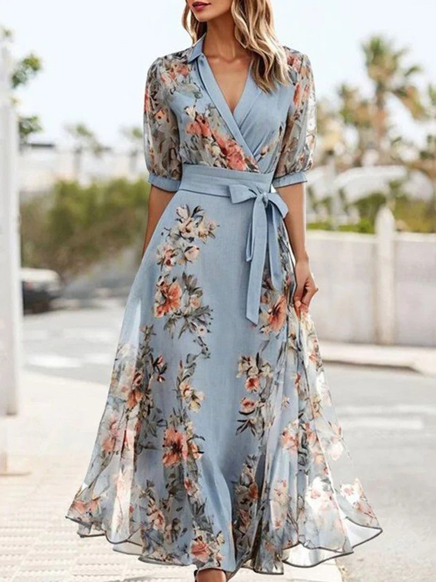 Women's Floral Wrap Midi Formal Dress V-Neck Tie Waist