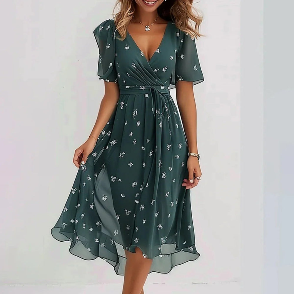 Women's Floral Wrap Midi Formal Dress V-Neck Tie-Waist Chiffon