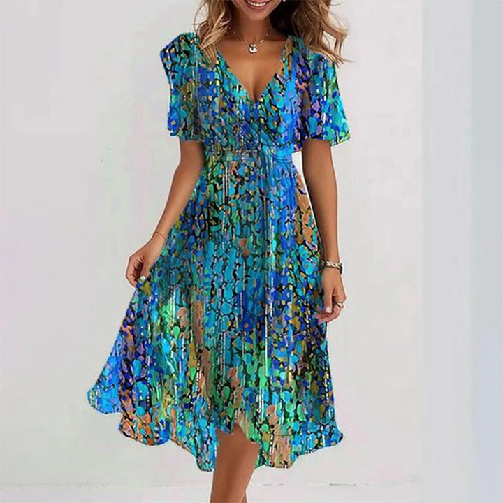 Women's Floral Wrap Midi Formal Dress V-Neck Tie-Waist Chiffon