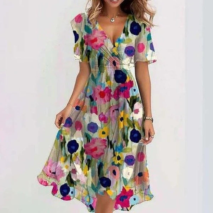 Women's Floral Wrap Midi Formal Dress V-Neck Tie-Waist Chiffon