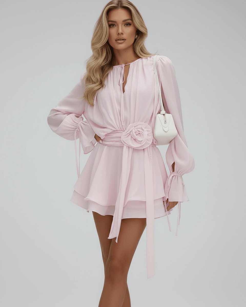 Women's Flowy Chiffon Fall Wedding Guest Dress Flare Sleeves 3D Rosette