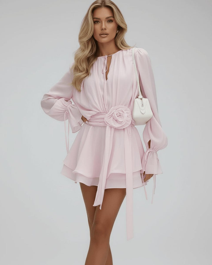 Women's Flowy Chiffon Fall Wedding Guest Dress Flare Sleeves 3D Rosette