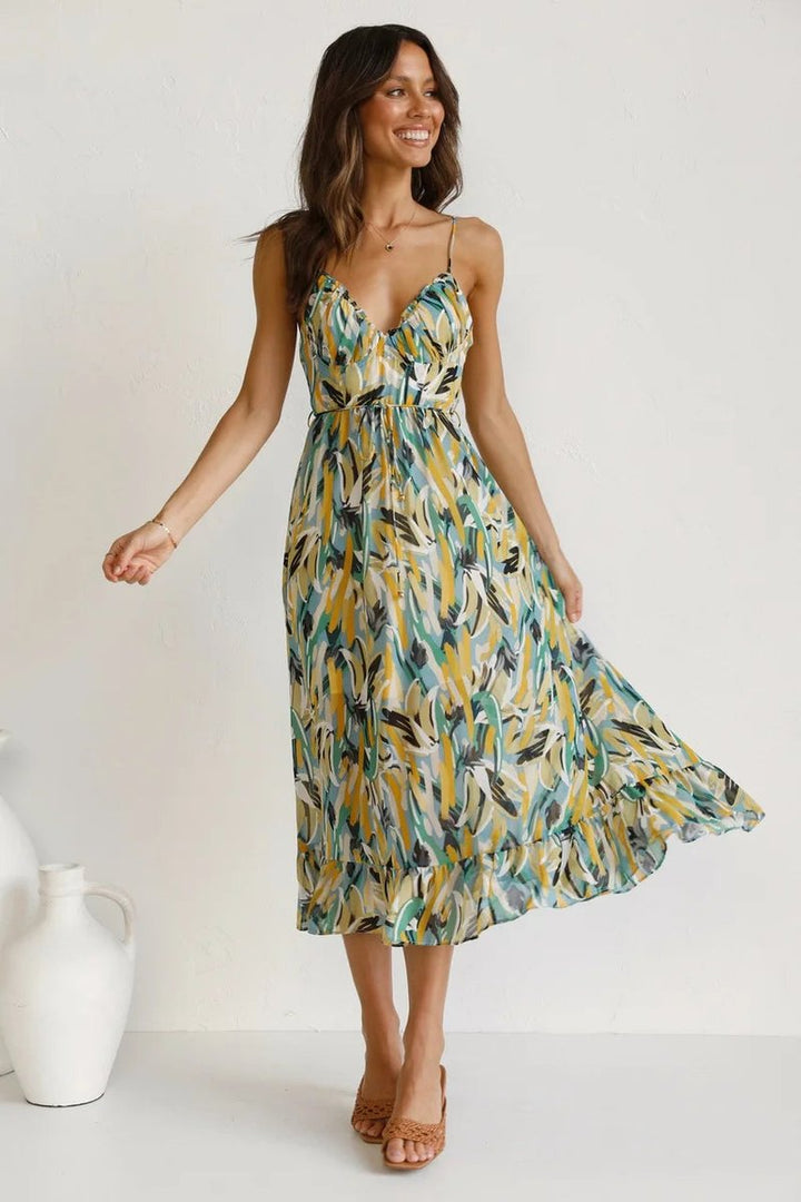 Women's Flowy Printed Spaghetti Strap Fall Midi Dress V-Neck