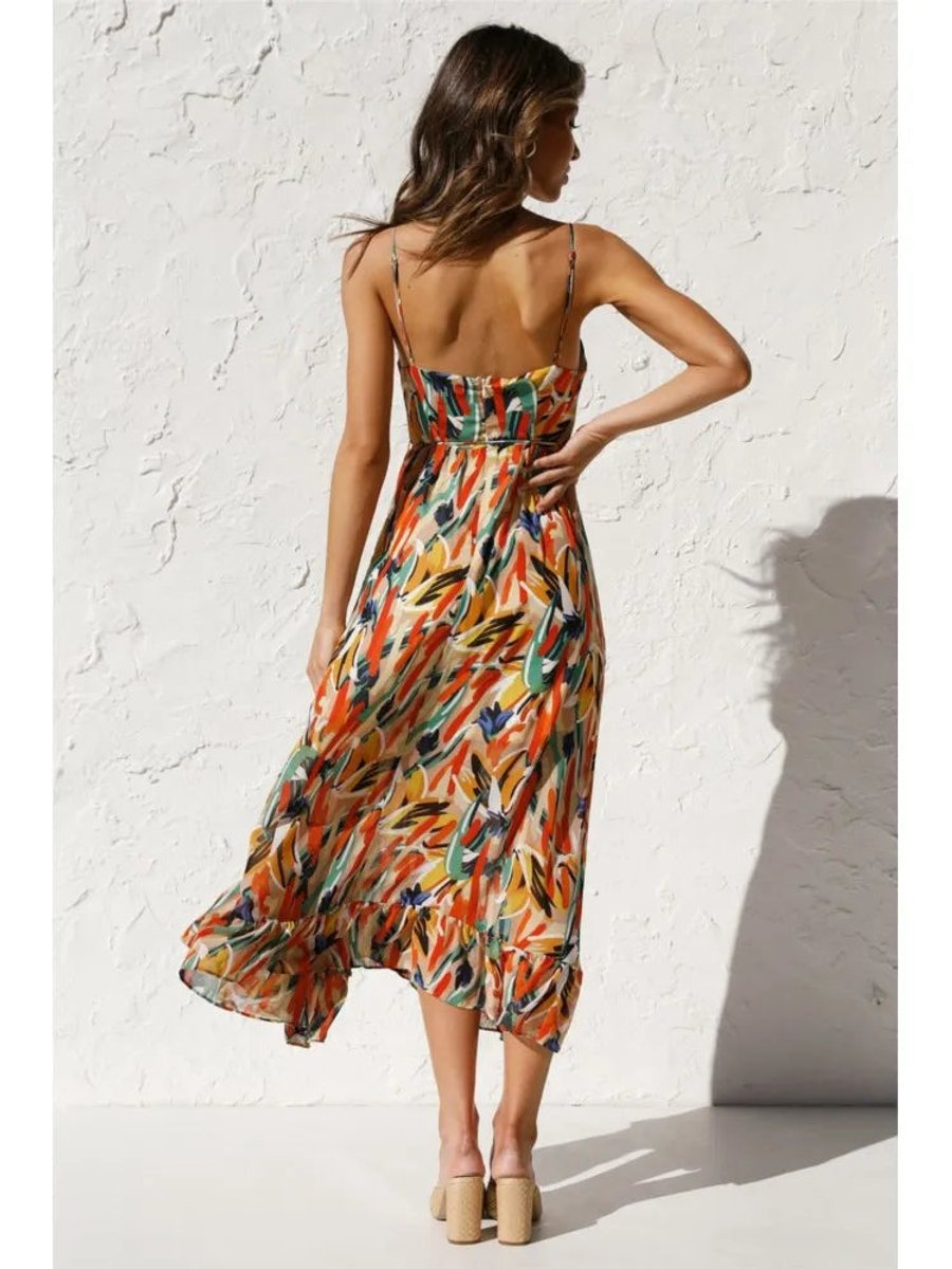 Women's Flowy Printed Spaghetti Strap Fall Midi Dress V-Neck