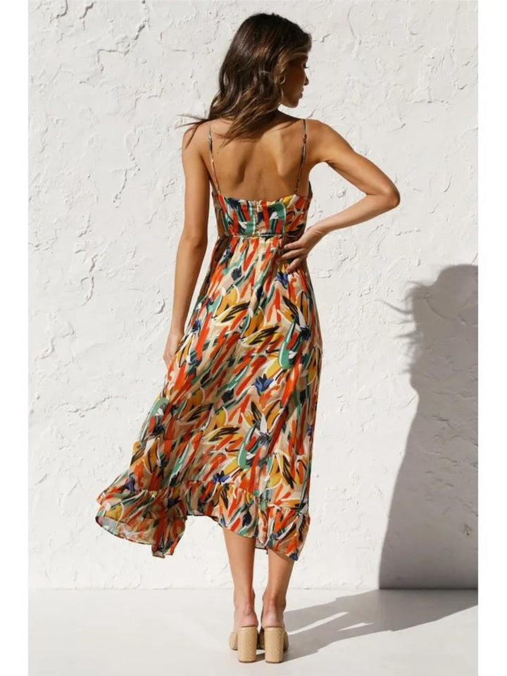 Women's Flowy Printed Spaghetti Strap Fall Midi Dress V-Neck