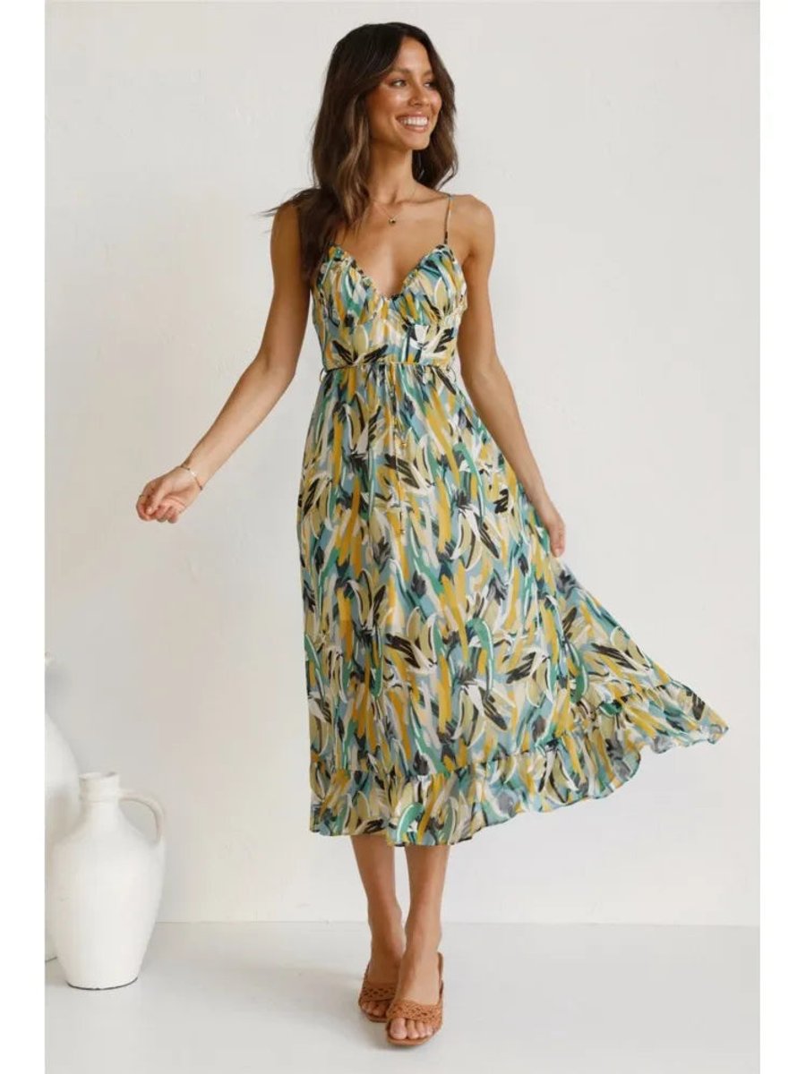 Women's Flowy Printed Spaghetti Strap Fall Midi Dress V-Neck