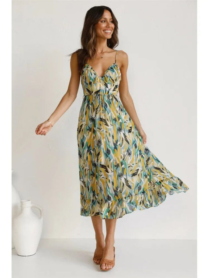 Women's Flowy Printed Spaghetti Strap Fall Midi Dress V-Neck