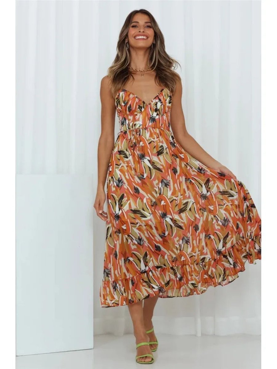 Women's Flowy Printed Spaghetti Strap Fall Midi Dress V-Neck