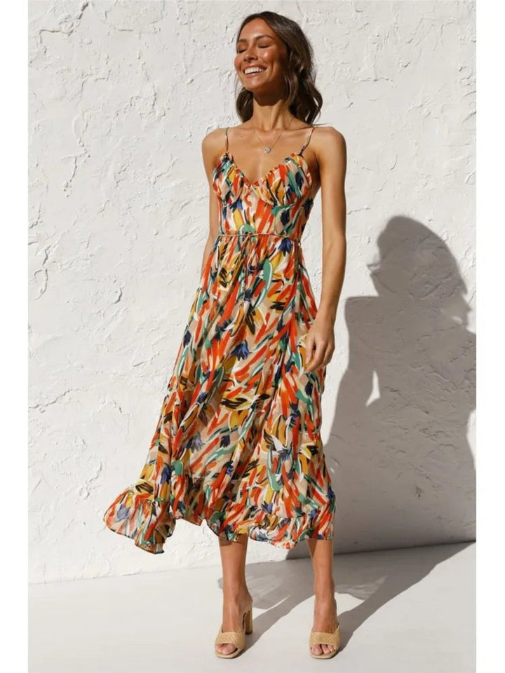 Women's Flowy Printed Spaghetti Strap Fall Midi Dress V-Neck