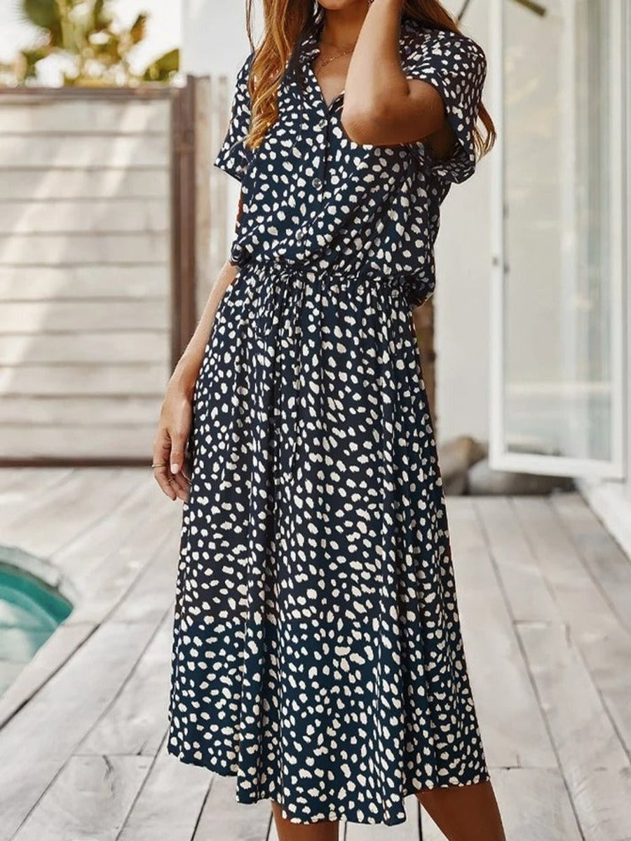 Women's Flowy Short-Sleeve Viscose Fall Midi Dress