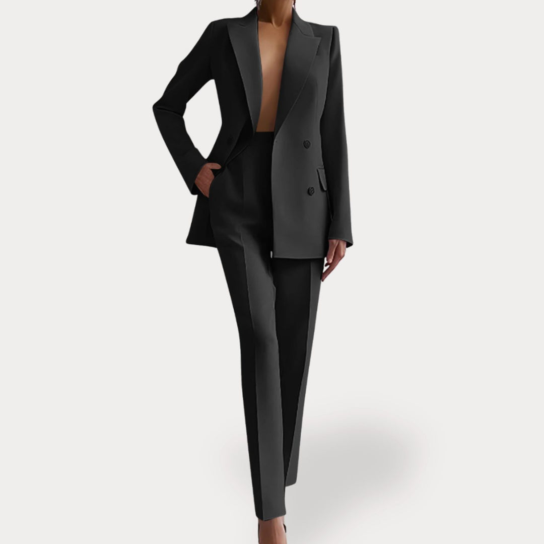 Women's Formal Double-Breasted Tailored Blazer Suit Set - Black