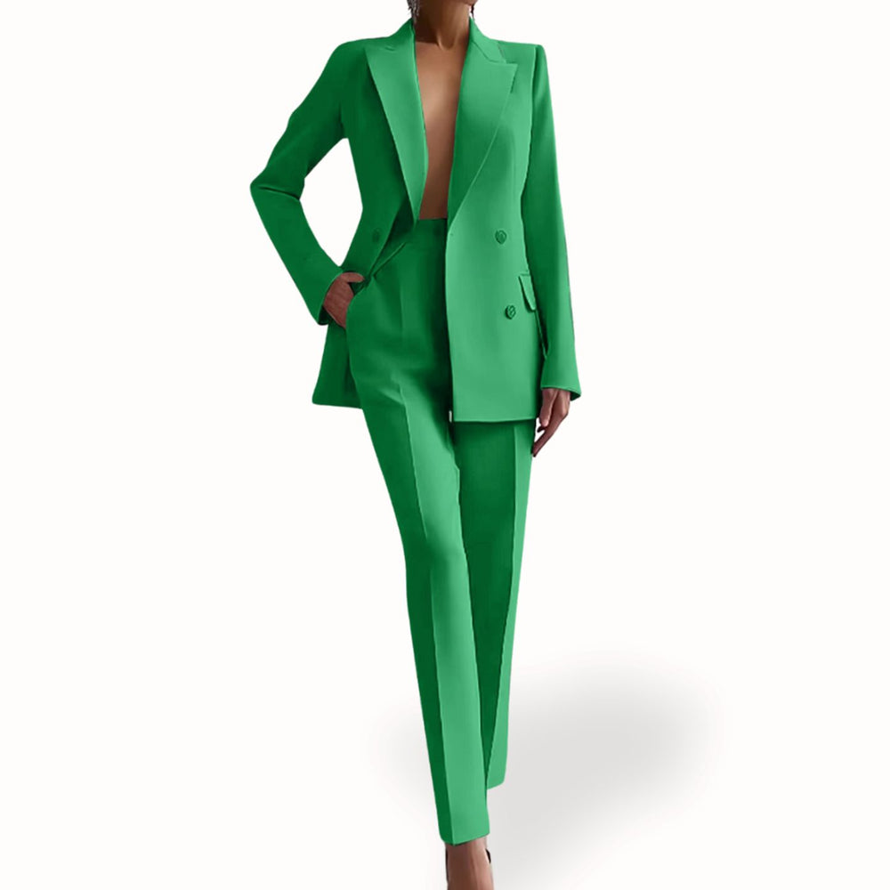 Women's Formal Double-Breasted Tailored Blazer Suit Set - Green
